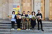 v.l.n.r.: #BPFYA2021-Finalist*innen Núria Carbó (Schlagzeug), Joy Guidry (Fagott), Eszter Kruchió (Violine) und Kevin Lee Sun (Klavier), Flora Marlene Geißelbrecht (Viola) und Francesco Palmieri (E-Gitarre). Foto: Verena Bruening
