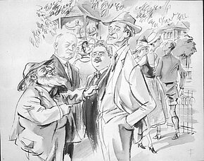 Satirische Zeichnung von Alfred Gerstenbrand: Oskar Straus, Edmund Eysler, Franz Lehar, Leo Ascher auf der Kurpromenade in Bad Ischl